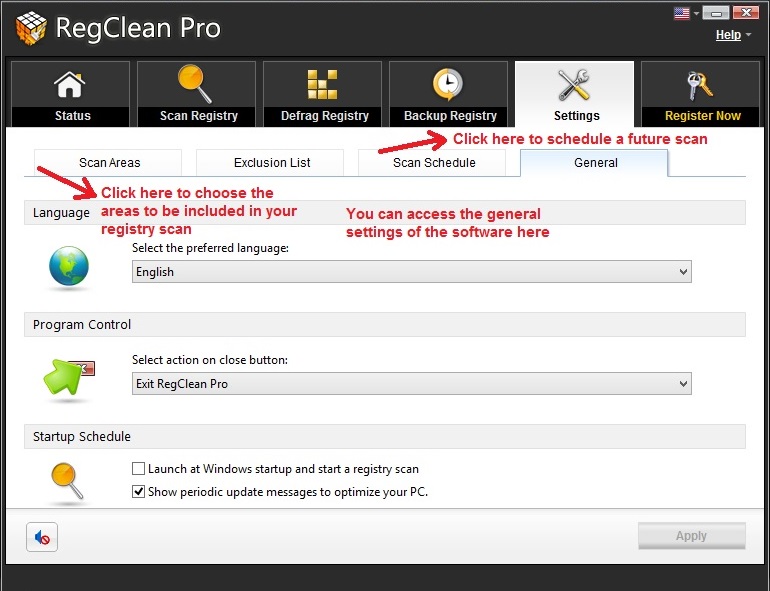 RegClean Pro settings
